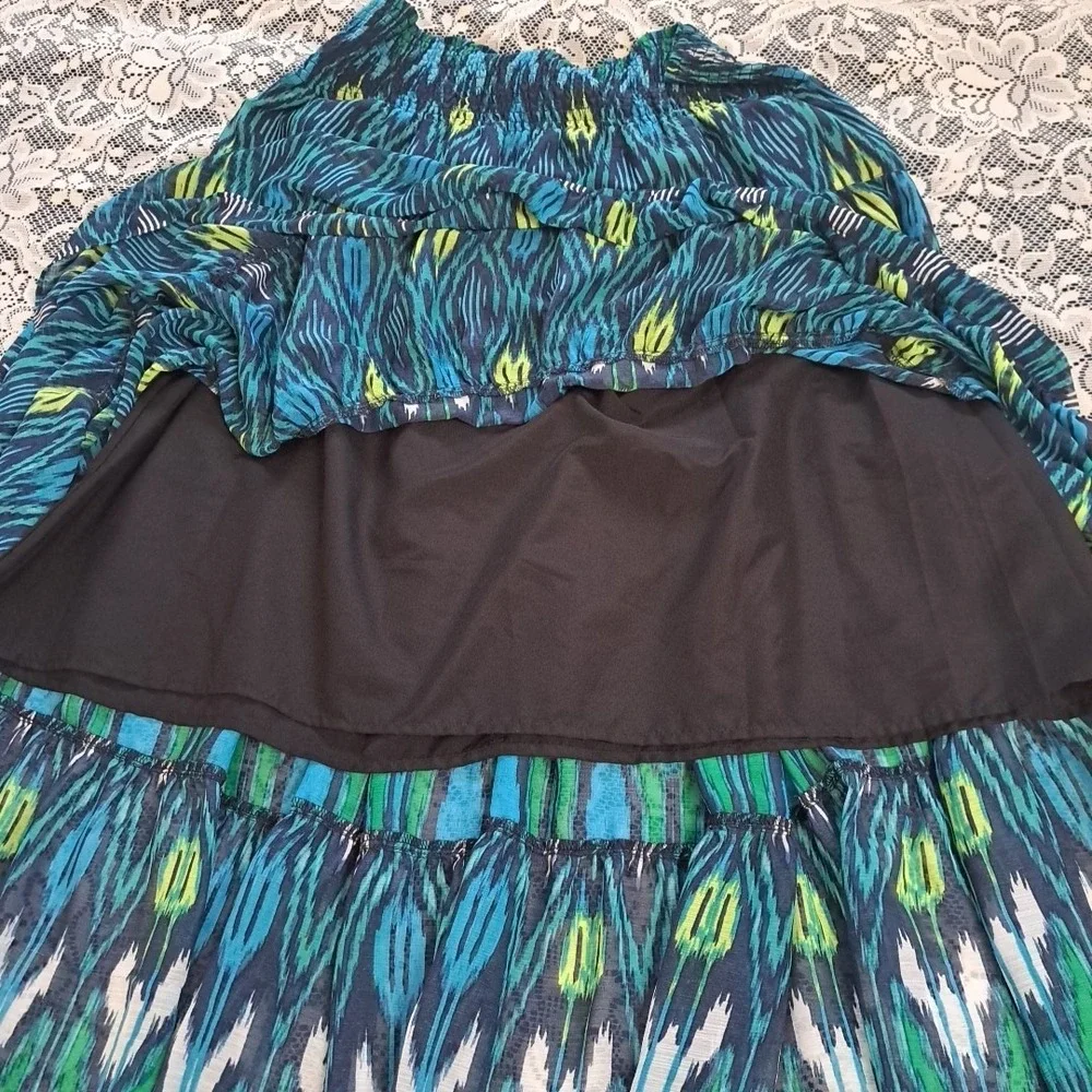 Fashion Bug Maxi Skirt 0X‎ Blue Aztec Elastic Waist Tiered Lined Beachy Boho